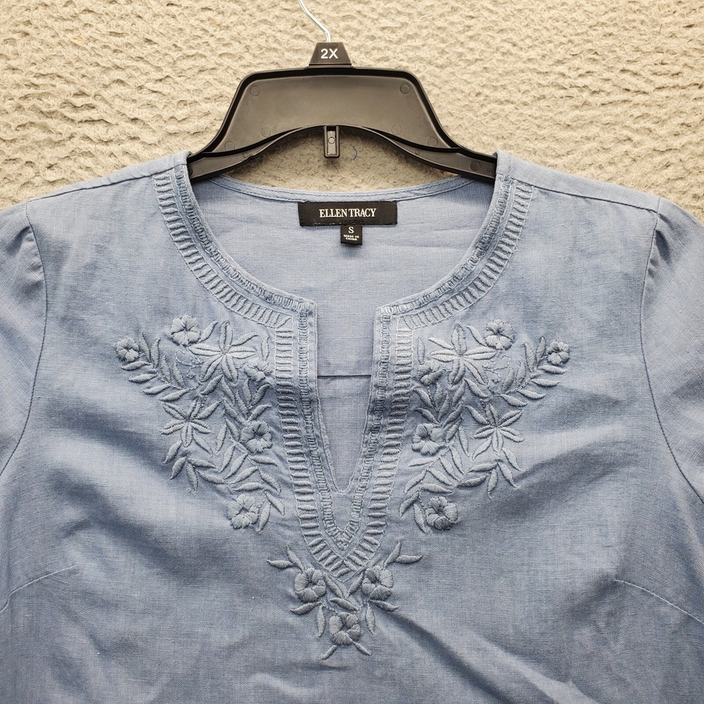 Ellen Tracy Tunic Top Women's S‎ Blue Embroidered Floral Cut V-Neck Slit Sleeve - Picture 5 of 8